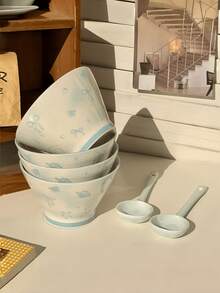 1 Set Blue Bow Decor Bowl + Spoon Tableware, High-Quality Fresh Yogurt Breakfast Bowl, Ceramic Dinnerware Gift For Friends, Stylish Ceramic Dining Set, Vegetable Salad & Rice Bowl, Suitable For Home, Restaurant, Dessert Shop, Gift, Party - Multicolor - View 6
