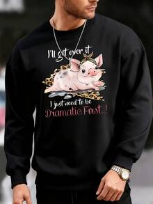 Un adorable cerdito con diadema de estampado animal descansando y transmitiendo un mensaje divertido sobre superar las dificultades con un toque de dramatismo sudadera de cuello redondo de hombre 100% algodón - Negro - Ver 3