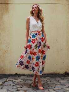 女士优雅波西米亚风印花长款喇叭裙，采用无弹力涤纶面料，打造休闲夏日造型 - 杏色 - 查看 2