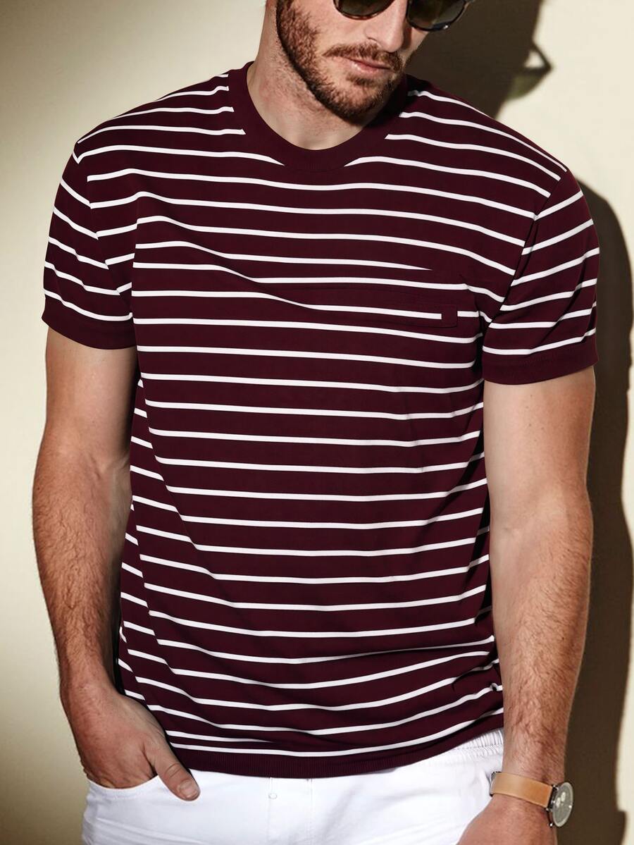 1件男士撞色条纹针织短袖休闲上衣 - 中紫紅色 - 查看 1