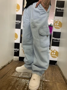 Dazzling Men's Cargo Jeans, Wide Leg, Street Streetwear, Mandrake Original, Loose Fit, Button Pocket - 淺藍色 - 查看 1
