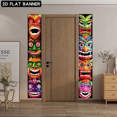 2D Tiki Totem Door Banner Set, Suitable For Hawaiian Celebration Decoration, Multipurpose Decor, Holiday Gift, Polyester Material, No Power Required
