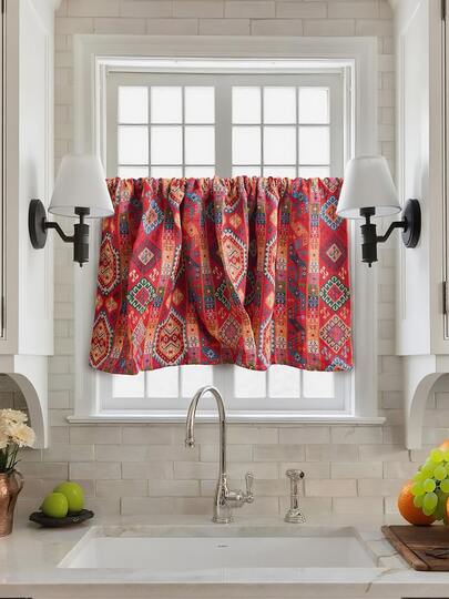 1 Stück chinesisches Neujahrsmuster Kurzer Vorhang, helles rotes geometrisches Design dekorativer kurzer Vorhang, verstärkt die vintage festliche Atmosphäre, Küchen Heimtextilien, Neujahrsdekoration