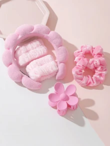 6pcs Spa Headbands, Makeup Headbands, Facial Wash Headbands, Skincare Headbands, Pink Velvet Fluffy Sponge Headbands, Bow, Scrunchie, Spa Headbands, Wristbands, Women & Girls Hair Accessories Set - Multicolor - View 2