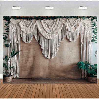 1pc Green Plant Boho Theme Backdrop Banner, Decorated With Green Plant Pattern, Paired With Curtain And Brown Background Design, Suitable For Holiday Decoration, Yard, Garden, Living Room Decor, Live Streaming Background, Photography Studio Props, Wedding, Bridal Shower, Anniversary Celebration, Spring Home & Yard Decor.