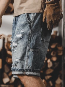 2026 New Men's Spring/Summer Casual Distressed Blue Denim Shorts, Youthful & Versatile American All-Match Style - Blue - View 3