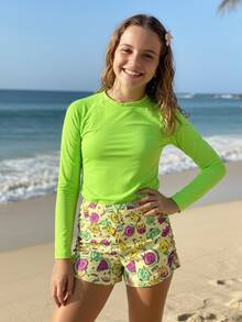 Girls' 2-Piece Set With UV50 Protection, Shorts, And Fruit Print For Beach And Pool, 49-FT - 霓虹綠 - 查看 1