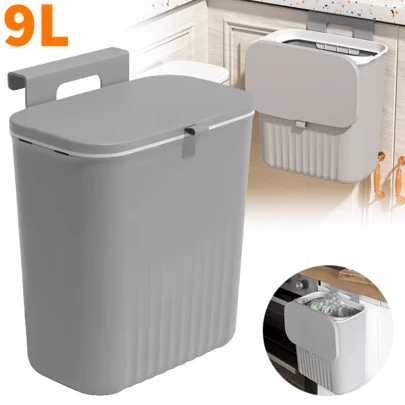 1 Piece 9L Plastic Hanging Trash Can With Lid,Wall-Mounted Cupboard Garbage Bin,Compost Bin Storage Organizer,Rubbish Waste Bin For Kitchen,Bedroom,Bathroom,Household Suppliers(2 Color)