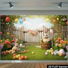 1 5x3-Foot Easter Party Background Banner, Spring Easter Bunny, Colorful Eggs And Green Grass Courtyard Photo Background Rabbit Photography, Easter Egg Hunting Game Supplies, Easter Party Decoration