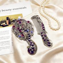 1 Set Chinese Retro Style Makeup Mirror & Comb Set, Portable, Peacock Handle Mirror, Luxurious Vintage Style, Metal Handle Makeup Mirror, Peacock Embossed Design, Handheld, Birthday/Valentine's Day/Mother's Day Gift, European/French Style - Multicolor - View 6