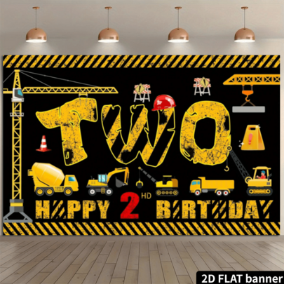 2D Flat 1pc Construction Happy Birthday Background Banner, Self-Dumping Truck, Excavator, Crane, Excavator Area Backdrop, Photo Booth Props, Construction Theme Birthday Party Decorations, Multifunctional Decor, Holiday Gift, Polyester Material, No Power Required