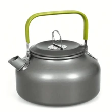 1个便携式露营水壶，采用氧化涂层铝合金材质，耐热橡胶手柄，易倾倒短嘴，适合户外使用