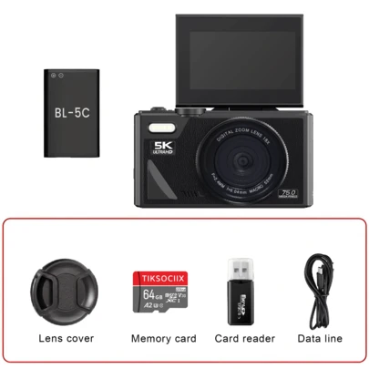 7500万像素数码相机，3英寸翻转屏，WiFi，18倍数码变焦，5K复古Vlog视频录制，配备64GB存储卡，1150mAh可拆卸电池，圣诞节、万圣节、感恩节、生日礼物