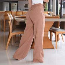 Women's Linen Palazzo Pants With Button And Front Zipper - Elegance And Comfort - Linen - Button And Zipper - Pants - Evening, Holiday, Daily, Formal And Night Office - ALL - Màu Khaki - Xem 2