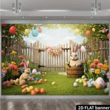 1 5x3-Foot Easter Party Background Banner, Spring Easter Bunny, Colorful Eggs And Green Grass Courtyard Photo Background Rabbit Photography, Easter Egg Hunting Game Supplies, Easter Party Decoration
