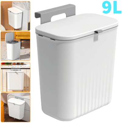 1 Piece 9L Plastic Hanging Trash Can With Lid,Wall-Mounted Cupboard Garbage Bin,Compost Bin Storage Organizer,Rubbish Waste Bin For Kitchen,Bedroom,Bathroom,Household Suppliers(2 Color)