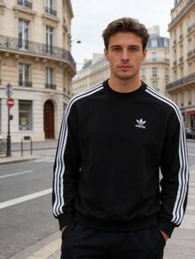 Adidas Originals 男士舒適寬鬆圓領套頭衫，極簡無帽運動休閒上衣，長袖，JN9786 - 黑色 - 查看 1