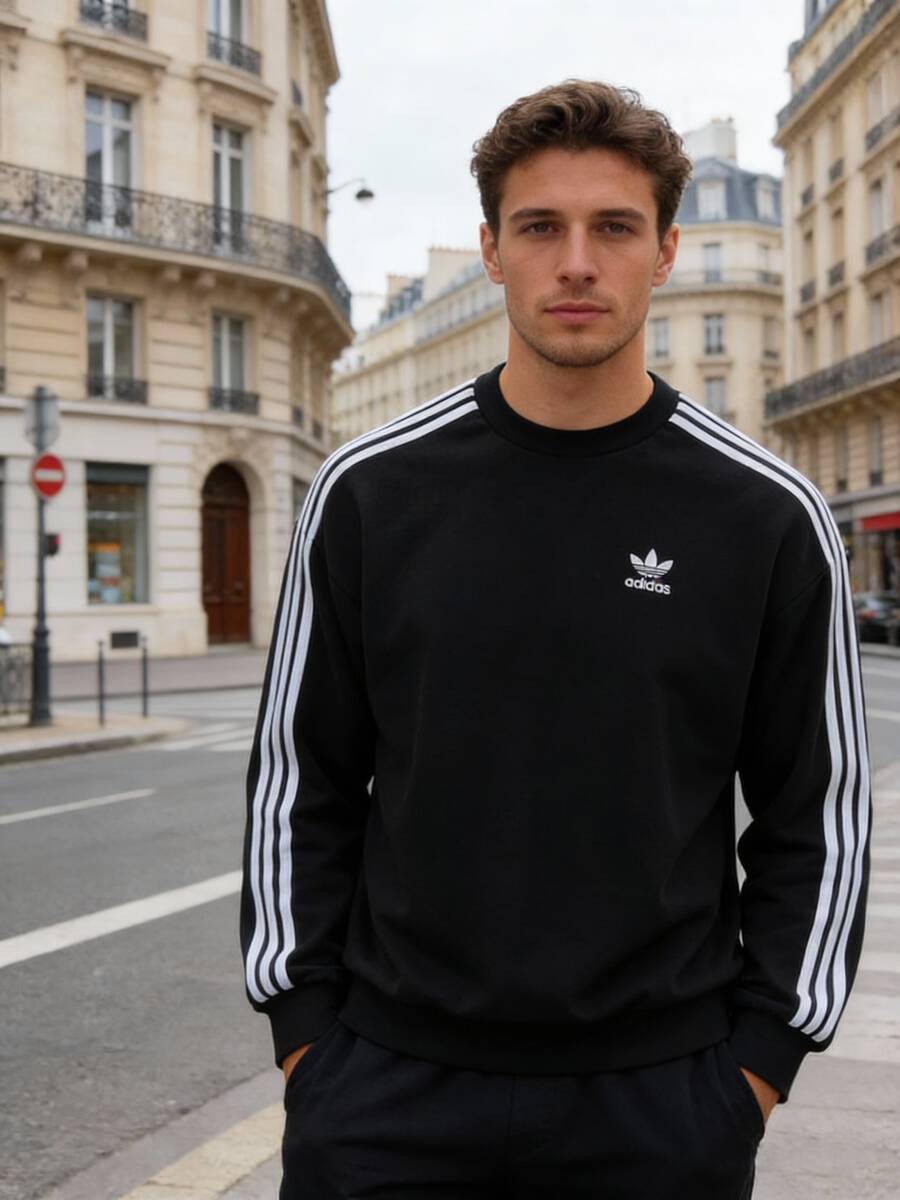 Adidas Originals 男士舒適寬鬆圓領套頭衫,極簡無帽運動休閒上衣,長袖,JN9786 - 黑色 - 查看 1