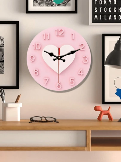 1pc 10"/12" 2D Flat Pink Heart Shaped Silent Wall Clock - 2D Flat Design, Battery Powered, Round Wooden Material, Great For Birthday Gift, Home Decor And Present, Batteries Not Included | Heart Shaped Design, Living Room Wall Clock
