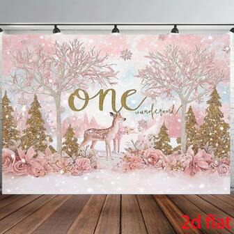 Återanvändbar stor festbakgrund med vinterunderland - rosa och guldglitter snöflingor med hjortskogsmönster, med texten "ONE", lämplig för födelsedags- och bröllopsdekorationer (inomhus/utomhus), ingen tejp behövs för upphängning