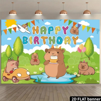 2D Flat 1pc Water Vole Cartoon Birthday Party Backdrop, Happy Birthday Banner, Water Vole Themed Party Decorations, Universal Holiday Birthday Party Supplies, Birthday Celebration Activities No Electricity Required