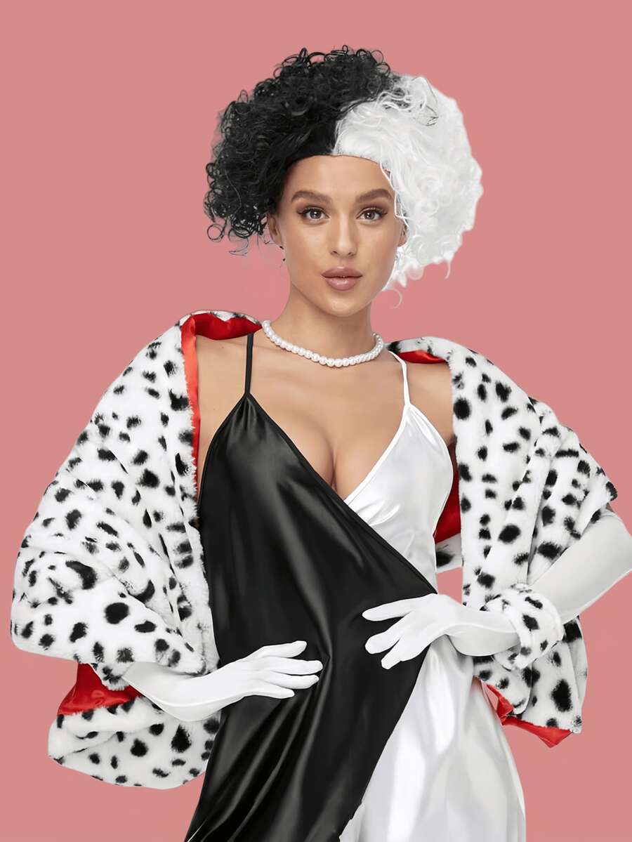 Xale com estampa de leopardo e padrão dálmata (1 peça) / Xale de 155 x 42 cm com peruca de bruxa preta e branca para festas de carnaval, acessório para fantasia de bruxa preta e branca, xale com estampa de leopardo, lenço, capa, peruca de bruxa preta e branca, acessórios para fantasia de baile de inverno, carnaval e Ano Novo. - Multicolorido - Ver 1