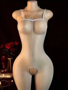 女士性感半透明蕾丝吊带露背连体裤 - 弹力挂脖连裤袜，镂空网纱套装，无衬垫内衣，手洗性感服饰，适合女性穿着 - 均碼 - 查看 1