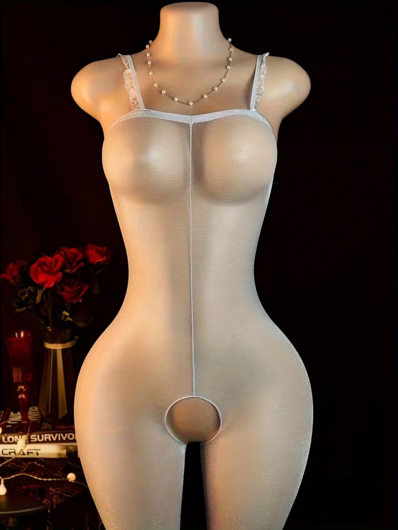 女士性感半透明蕾丝吊带露背连体裤 - 弹力挂脖连裤袜，镂空网纱套装，无衬垫内衣，手洗性感服饰，适合女性穿着 - 均碼 - 查看 1