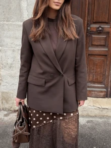 2026春夏棕色OL西装外套 时尚优雅 婚礼毕业派对 女士上衣 休闲薄款纯色商务双扣西装外套 乡村度假女士西装外套 - 棕色 - 查看 4