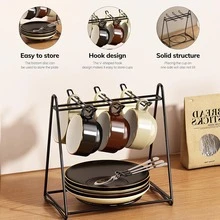 1pc Black Metal Coffee/Tea Cup Holder With Saucer, Coffee Cup Spoon And Tea Tray Storage Box - Multicolor - View 4