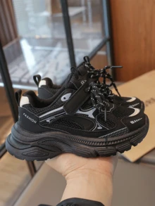 儿童黑色厚底运动鞋，透气网面设计，柔软鞋底，防滑休闲运动鞋 - 黑色 - 查看 4