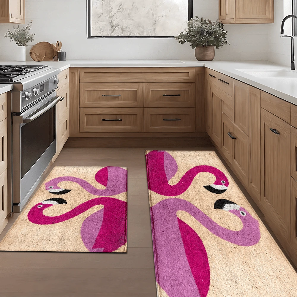 1 szt. dywanik z nadrukiem w kształcie flaminga, mata z imitacji wełny – bardzo chłonna, łatwa do czyszczenia, odpowiednia do wystroju wnętrz, do domu, na farmę, do przedpokoju, do wnętrz, do kuchni, jadalni, małego biura/biura domowego, do zlewu, pralni, wycieraczki, maty kuchennej, maty antypoślizgowej - Wielokolorowe - Zobacz 1