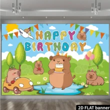 2D平面单件装水鼠卡通生日派对背景幕布，生日快乐横幅，水鼠主题派对装饰，通用节日生日派对用品，生日庆祝活动，无需用电 - 淺藍色 - 查看 3