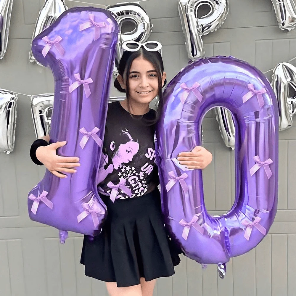 1 Pc 32-Inch White Number Foil Balloon & 5 Pcs Bow Combination Set, Suitable For Wedding, Birthday, Anniversary, Graduation, Summer Party Decoration - Purple - View 1