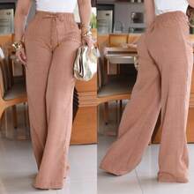 Women's Linen Palazzo Pants With Button And Front Zipper - Elegance And Comfort - Linen - Button And Zipper - Pants - Evening, Holiday, Daily, Formal And Night Office - ALL - Màu Khaki - Xem 3