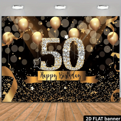 50th Birthday Party Background Banner - Polyester Black And Gold Glittering Balloon Design, Suitable For 50th Anniversary Celebration - Multi-Purpose Photography Background 70.8x90.5 Inches, Suitable For Indoor And Outdoor Decoration