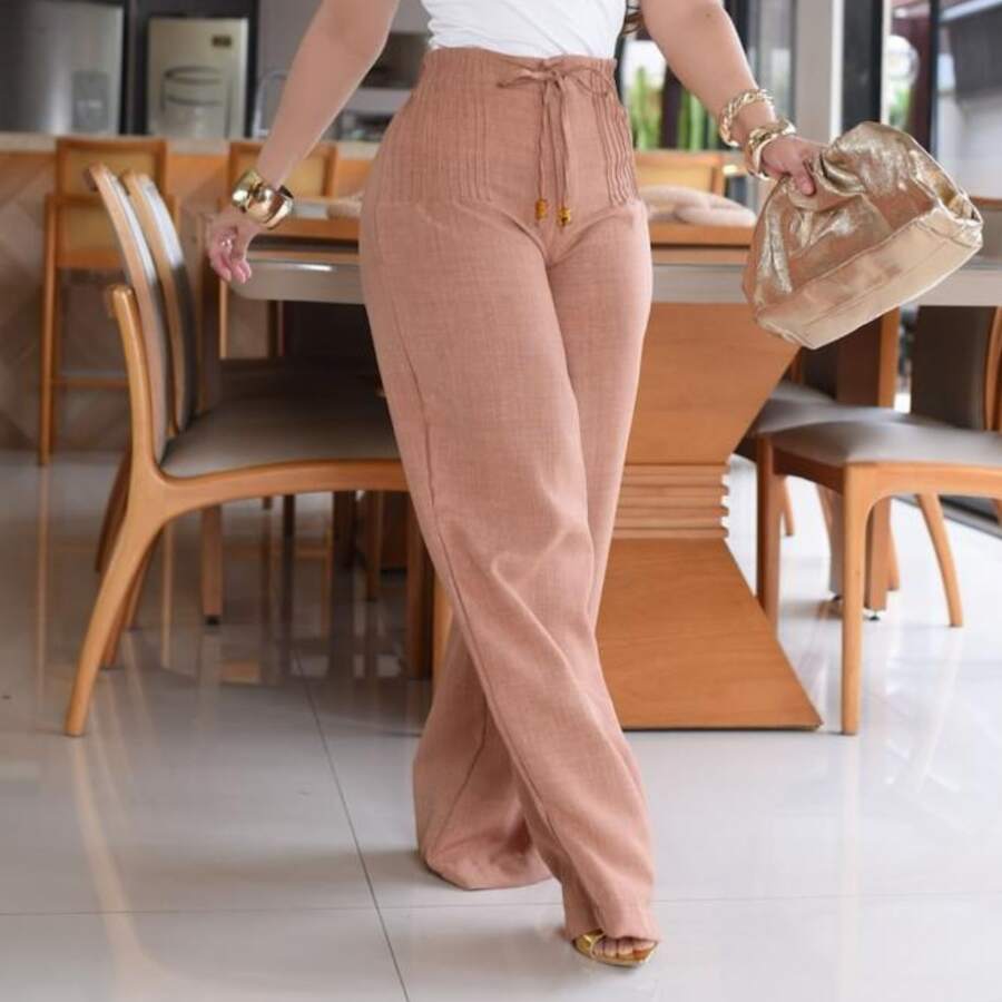 Women's Linen Palazzo Pants With Button And Front Zipper - Elegance And Comfort - Linen - Button And Zipper - Pants - Evening, Holiday, Daily, Formal And Night Office - ALL - Màu Khaki - Xem 1