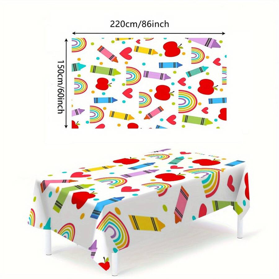 Colorful School Bus & Rainbow Polyester Tablecloth - Thick Woven Rectangular Design, Suitable For Home, Restaurant, Cafe, Outdoor Dining And Parties, Party Tablecloth | Fun Design | Durable Tablecloth - Multicolor - View 1