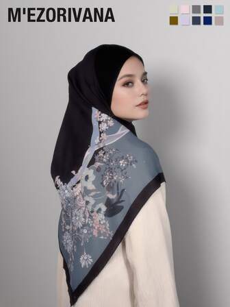 1pc Floral Print Elegant Polyester Chiffon Hijab For Women, Bejeweled Details Design, Beautiful & Comfortable, Suitable For Various Occasions