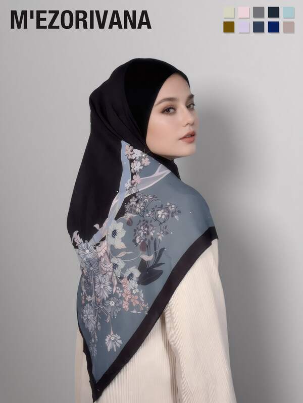 1 pièce Hijab en mousseline de polyester élégant à imprimé floral pour femmes, avec des détails ornés, beau et confortable, convient à diverses occasions