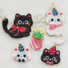 5片装刺绣徽章贴片，背胶贴片，适用于服装、帽子、夹克、DIY装饰，卡通蝴蝶结猫咪刺绣贴片套装，也适用于手机壳、包包和服装。