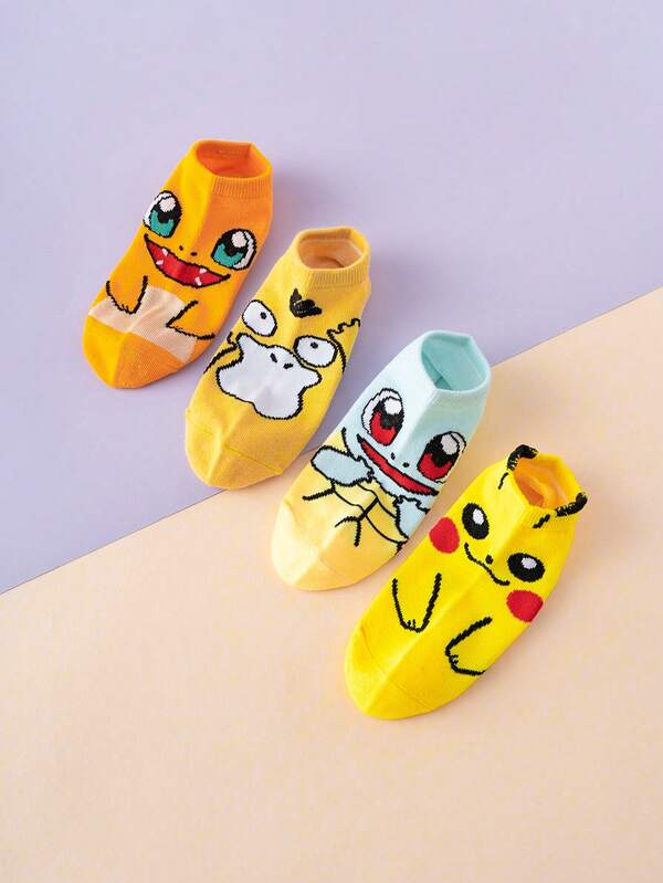 pokemon 4 pares de calcetines para niños con estampado de Pikachu de Pokémon, de estilo deportivo, con diseño jacquard colorido, transpirables y antideslizantes, adecuados para todas las estaciones, tallas europeas y americanas, cómodos, duraderos, de colores ricos, ideales para uso diario