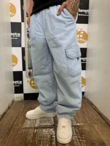 Dazzling Men's Cargo Jeans, Wide Leg, Street Streetwear, Mandrake Original, Loose Fit, Button Pocket - 淺藍色 - 查看 2