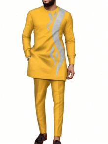 Bộ đồ Kaftan Châu Phi mới nhất dành cho nam 2 món, áo dài tay màu trơn và quần, bộ vest cưới thanh lịch cho tiệc công sở - Màu vàng - Xem 1