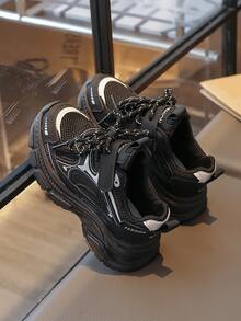 儿童黑色厚底运动鞋，透气网面设计，柔软鞋底，防滑休闲运动鞋 - 黑色 - 查看 20