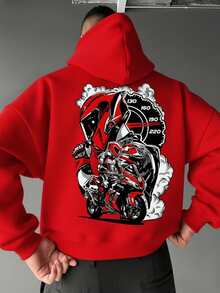 Men's Biker Print White Hoodie With Drawstring And Pockets - Red - View 2