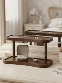 Organisateur de comptoir à double couche en noyer - Étagère de rangement élégante pour les cosmétiques, les parfums et les soins de la peau, parfait pour la salle de bain, la cuisine et le bureau, avec un compartiment fermé séparé - Brun - Voir 7