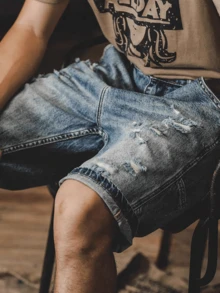 2026 New Men's Spring/Summer Casual Distressed Blue Denim Shorts, Youthful & Versatile American All-Match Style - Blue - View 4