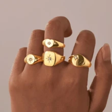 VKHK 1枚复古18K镀金不锈钢闪亮星形锆石装饰单戒指，适合女性、男性、情侣佩戴，日常佩戴及婚礼场合皆宜，亦可作为礼物。 - 彩色 - 查看 1