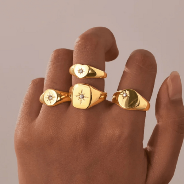 VKHK 1pc Vintage 18K Gold Plated Stainless Steel Sparkling Star Zirconia Decor Single Ring, Suitable For Women, Men, Couples, Daily Wear And Wedding, Gift